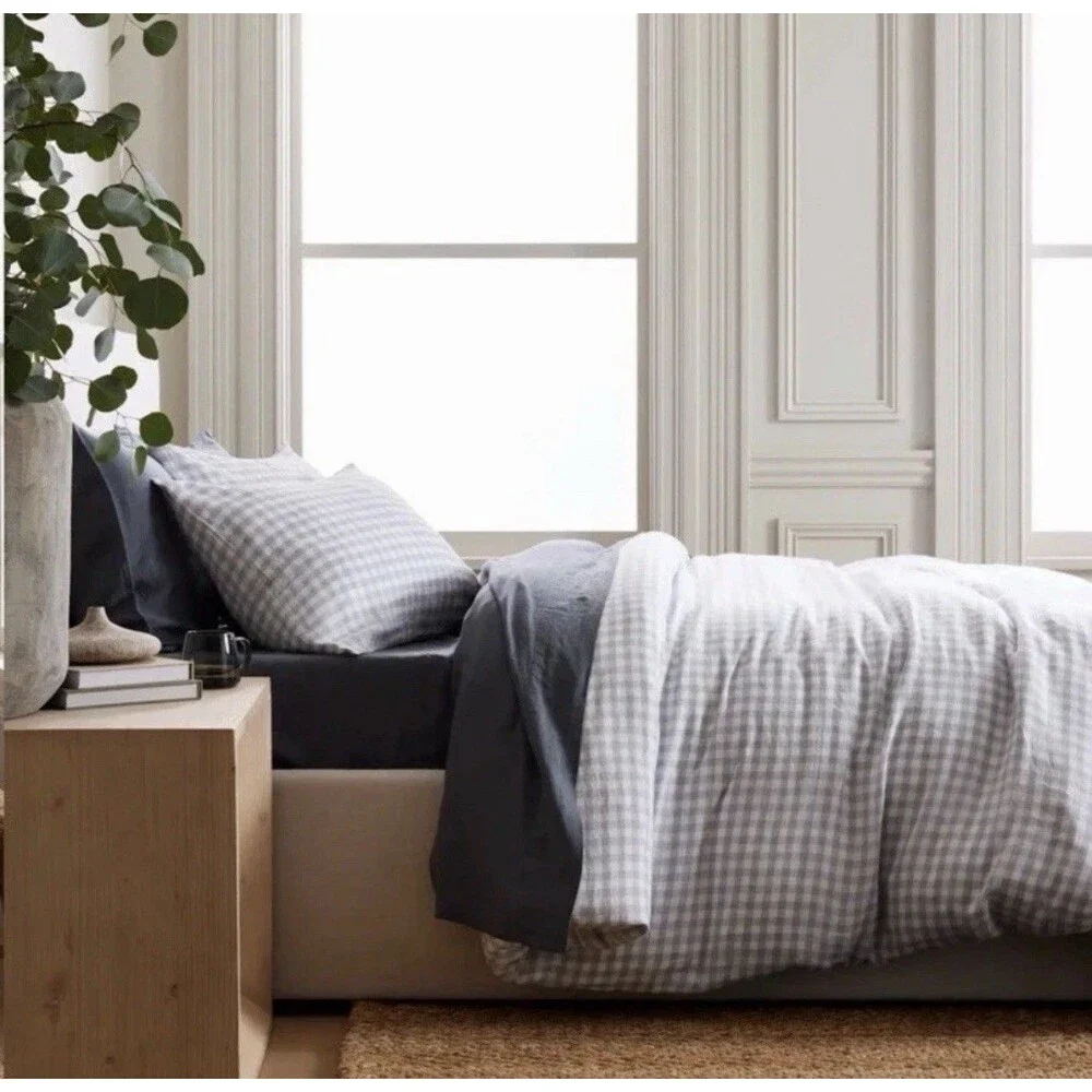 Quince European Linen Gingham Duvet Cover Set Full Queen Blue Fog Discontinued